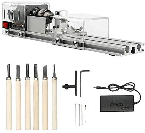 100W Mini Lathe Beads Machine DIY Wood Working CNC Mini Wood Lathe Tools Mini Wood Lathe Milling Machine with Power Adapter for Woodworking DIY Turning Cut Drilling 12-24V DC