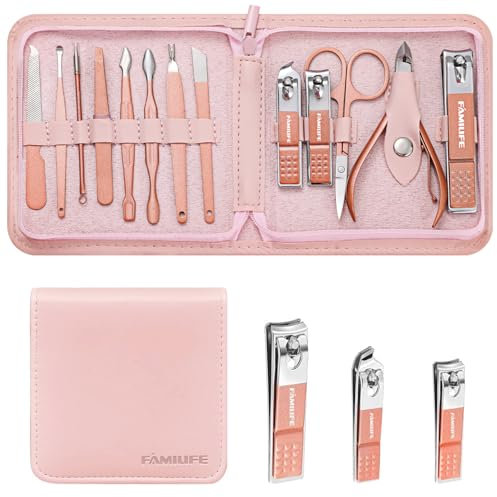 FAMILIFE Manicure Set, Professional Nail Kit Pedicure Kit Nail Clipper Set, 13PCS Beauty Tools Manicure Kit Pedicure Tools, Stainless Steel Nail Kit with Portable Pink Leather Travel Case for Her