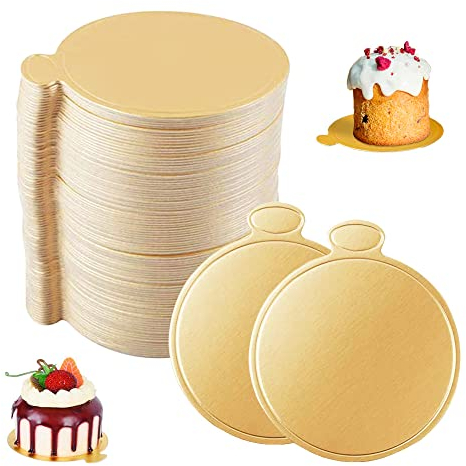 100 Pcs Round Mousse Gold Cake Board, Reusable Gold Mini Cake Dessert Display Tray, Tray Cake Boards, Cake Drum, Mini Cardboard, Cake Bases for Wedding Birthday Christmas
