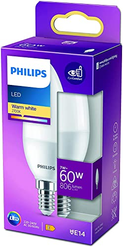 Philips LED Lampe mit 60W, E14 Sockel, warmweiß, Weiß