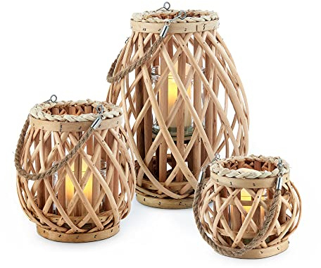 LIVIVO Set of 3 Wicker Candle Lantern Holder Basket Jar Made from Hemp Rope & Willow Twigs – Perfect for Indoor Outdoor Decorative Candle Lantern for Garden Living Room Home Office (Natural)