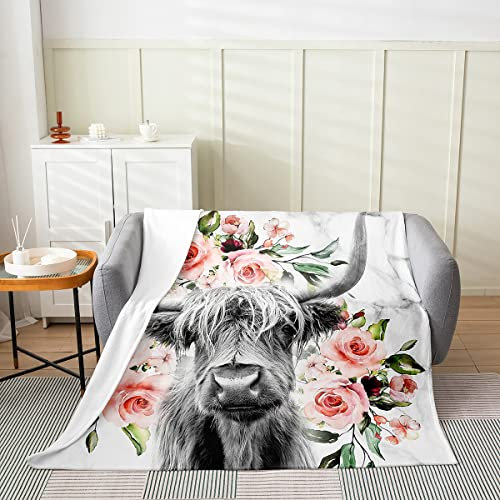 Highland Kuh-Fleecedecke ganzjährig gemütlich Mädchen Aquarell Rose Plüschdecke Grau Marmorstruktur Flanelldecke für Schlafsofa Wohnzimmer Dekoration Stier Vieh Bauernhaus Fuzzy-Decke, 150 x 200