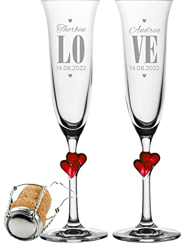 2er Set Sektgläser mit roten Herzen am Stiel – LOVE – mit Gravur von Namen und Datum – zur Hochzeit – tolle Sektkelche zum Jahrestag oder zur Verlobung