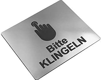 Schild „Bitte klingeln“ ¦ Klebesticker-Hinweis ¦ Metallisch SILBER graviert mit universellem Icon-Symbol und Text auf Deutsch ¦ Türschild ¦ (Größe: Ca. 12 cm x 10 cm) (Silber)