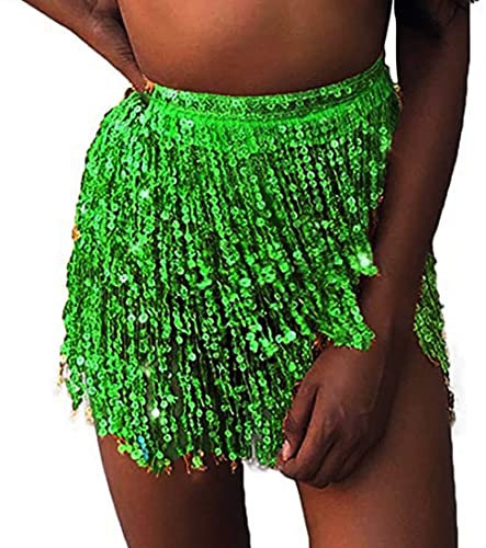 SINLOV Damen Bauchtanz Röcke Tanzen Hüfte Quaste Schal Gürtel Pailletten Wickelrock Rave Kostüm für Frauen Mädchen (Grün)
