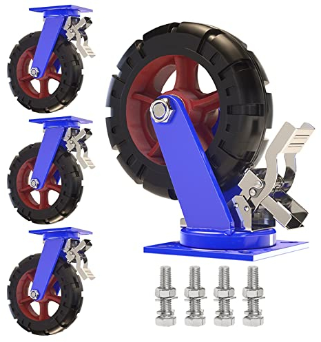 LIGUOYI Transportrollen Schwerlastrollen 4 Stück Lenkrolle Mit Bremse - Axialkugellager+Kegelrollenlager 10mm Metallplatten Möbel Industrierollen Tragkraft 1500Kg Vollgummi Schwerlast, Mit Schrauben