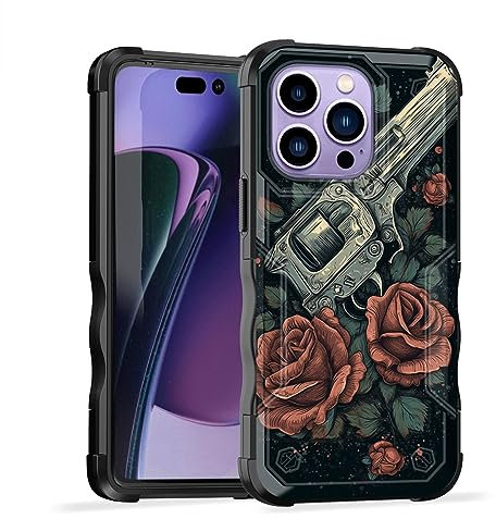 EFGWSDER Schutzhülle für iPhone 15 Pro Max, zweilagig, 3 m Fallschutz, rutschfest, robust, stoßfest, für iPhone 15 Pro Max 6,7 Zoll 2023, Pistolen und Rosenblumen
