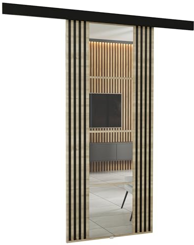 KIER FURNITURE Wandschiebetüren mit Spiegeln EMPI 80 – Schiebetür Komplettset Schiene Komplettset Mit Tür – Zimmertüren Mit Zarge Komplett - B86xH205xT1,6 cm - Sonoma Eiche