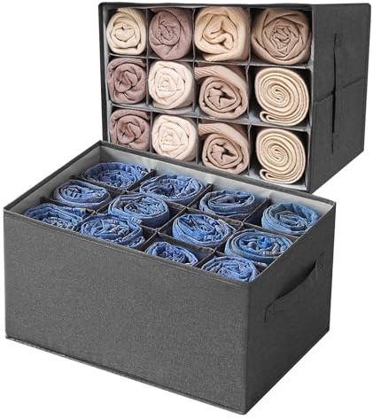 flintronic 2 Stück Kleiderschrank Organizer, 12 Zellen Schubladen Ordnungssystem Schrank, Schubladen Organizer, Kleider Aufbewahrung Boxen für Hosen, Jeans, Pullover, Handtuch, Shirt, Grau