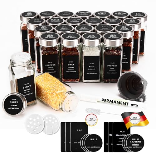 SIAZIH 24 Edelstahl Gewürzgläser 24er Set,120ml Gewürzdosen mit Stilvollen Deutschen Etiketten,Gewürzgläser mit Edelstahldeckeln und Streueinsatz,Gewürzstreuer Glas,Spice Jars,Gewürze Aufbewahrung