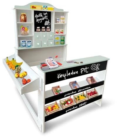 Coemo Kaufladen Pit aus Holz mit Spielkasse Linus und Preisschildern | Kaufladen-Zubehör für Kinder: Rollenspiel und Lernspaß | Farbe:Grün