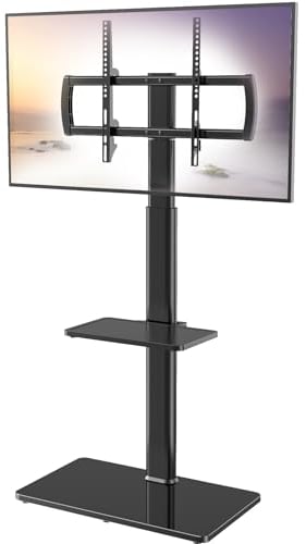 Supporto universale per TV da pavimento con supporto girevole a 80 gradi, altezza regolabile e design salvaspazio per la maggior parte dei televisori LCD, LED OLED da 27 a 65 pollici, 2 ripiani