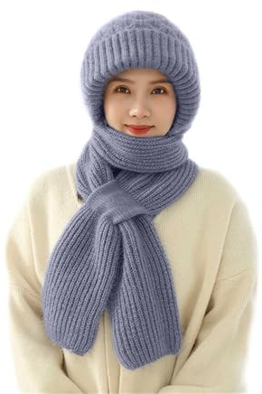 Shujin Integrierter Gehörschutz Winddichte Mütze Schal,Kapuzenschal für Frauen Winter,2 in 1 Winterschal Mütze Verdickter Warmer Strickmütze(Grau,One Size)