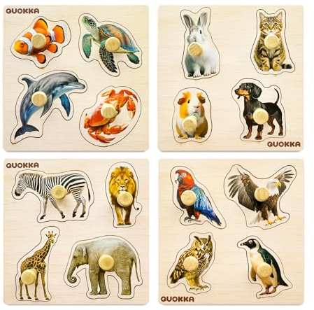 QUOKKA Wooden Puzzles for 1 2 3 Years Old – 4 Set Educational Peg Jigsaw Puzzles for Kids – Realistic Animal Learning Toys – Gift Game for Toddler Boy and Girl