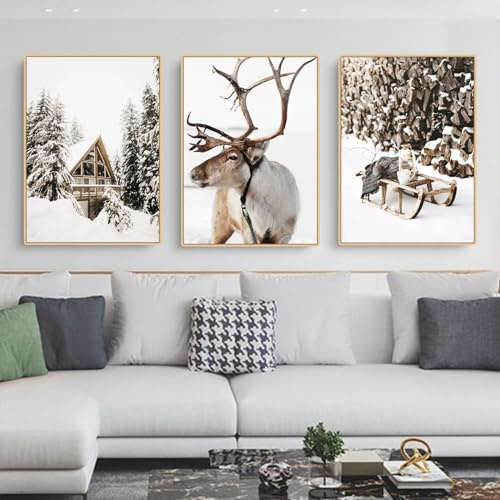 CULASIGN Premium 3er Poster Set, Winter Schneelandschaft Bilder, Wandbilder ohne Rahmen, Wanddeko für Wohnzimmer Schlafzimmer, Modern Bilder Hirsch Holzhaus Wald Wolf Schlitten (DEF,50x70cm)