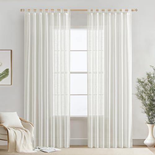 MIULEE Voile Gardinen Vorhänge mit Schlaufen Leineneffekt Halbtransparent Vorhange Elegant Einfach Leinenoptik für Wohnzimmer Schlafzimmer 2er Set, 140×245(H×B), Weiß