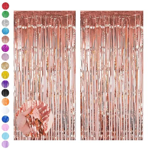 Rose Gold Tinsel Curtain Party Backdrop,2pcs 3.2ft x 6.5ft Foil Curtain Decorations,Foil Fringe Streamers Metallic Tinsel Door Hanging Foil Flow Silk Streamers for Birthday Wedding Holiday Party