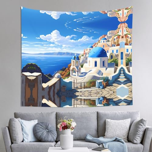 Yyhwhjde Santorini Wandbild mit griechischer Insel, Meerblick, strapazierfähiger Wandteppich, 152,4 x 130,9 cm, geeignet als Wandbehang, Schlafsaal, Wanddekoration