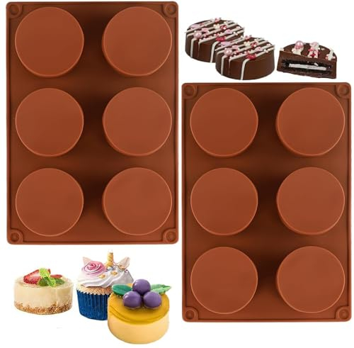 VENCILAZY Silicone Round Cake Mold 2 Pack 6-Cavity Cylinder Mould for Covered Cookies, Pie, Cupcakes, Brownies, Bread & Handmade Soap - Non-Stick Reusable Baking Molds (Food-Grade)