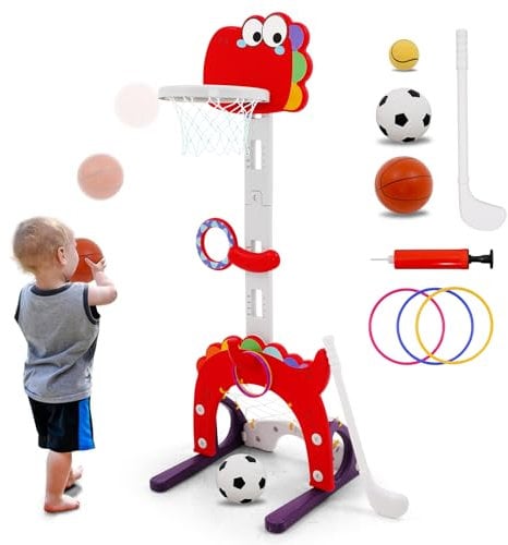 Kinder Basketballkorb Set 5 in 1 höhenverstellbarer Basketballständer Set für Outdoor Indoor Multifunktions Kleinkinder Basketball Set für Jungen Mädchen, Fußball, Golf, Ring Toss, Ball Toss