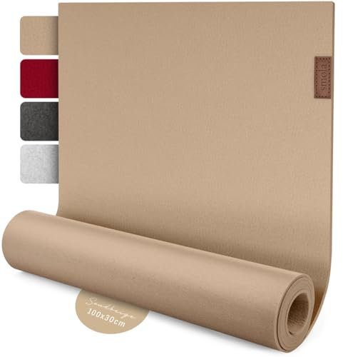 smøla Design Tischläufer Beige aus Filz I 100x30 cm Tischband I Skandinavischer Filzläufer Abwaschbar mit Leder Label I Tischdeko Tischläufer modern Sandbeige