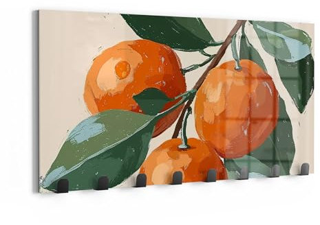 DEQORI Wandgarderobe Glas & Metall | Motiv Orangenfrische | 60x30 cm | Design Haken-Leiste modern | Garderoben-Paneel für Flur, Wohnzimmer & Schlafzimmer | magnetisch & beschreibbar