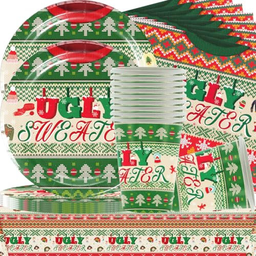 Vajilla de Fiesta de Navidad, Vajilla temática de suéter feo de Navidad,vajilla de Navidad especialmente, Navidad Platos Tazas Servilletas para Decoración de Fiesta de Navidad (49PCS 12 invitados)