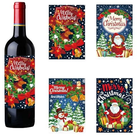 Christmas Wine Bottle Labels,24Pcs Self-Adhesive Personalised Wine Bottle Labels Stickers,Merry Christmas Wine Bottle Stickers for Xmas New Year Party Supplies Decorations (Colorful C)