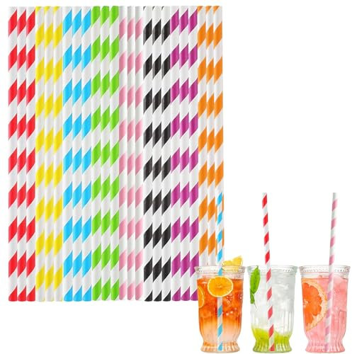 100 pièces Pailles Carton Jetables Biodégradable Recyclable,Mélange Rayures Pailles en Papier Kraft de Écologique pour Cocktail Jus Café Smoothie,pour Anniversaire, Mariage, Noël,Douche de Bébé,Fête