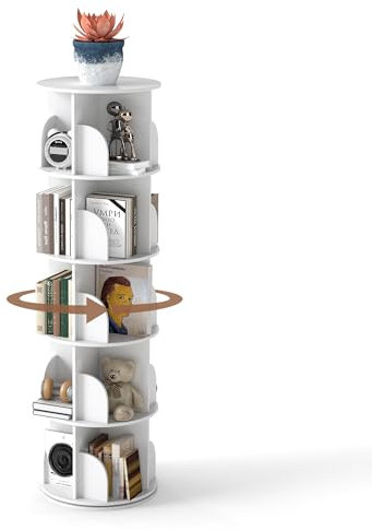 Nisorpa Drehbares Bücherregal 5-stöckiges, 360°Rotating Bookshelf, Drehregal 120-150 Bücher speichern, Standregal Lagerregal Weiß, Bücherturm Holz 159cm für Kinderzimme Kindergarte Wohnzimmer