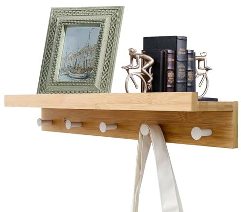 Frstem Schlüsselbrett Holz mit Ablage,Wandregal mit Hakenleiste,Schlüsselhalter Schlüsselregal mit 5 Haken,Bambus,Schlüsselablage Wand für Eingangsbereich, Flur, Wohnzimmer, 61.1 x 12 x 8 cm