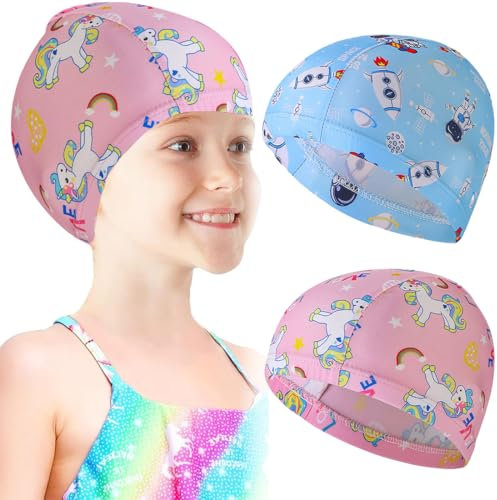 NHQZ 2 Pezzi Cuffia piscina bambino, Cuffia nuoto, piscina bambini, Cuffia bambino piscina, Cuffia piscina neonato, cuffia piscina bambina, Cuffia da nuoto da cartone animato (Rosa+Blu)