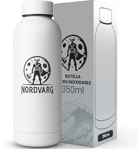 Nordvarg Botella de Agua Acero Inoxidable 350ml – Reutilizable, Ergonómica, Resistente y Libre de BPA – Diseño Blanco Premium para Oficina, Deporte y Viaje