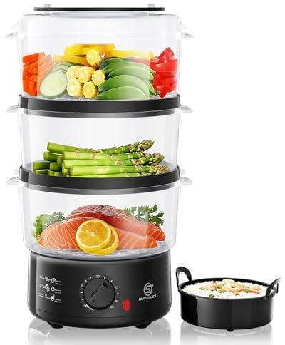 SUPERLEX 3 Tier Food Steamer 7.5L Electric Vegetable Steamer Cooker with Stackable Baskets and Rice Bowl 60 Minute Timer 550W Egg Boiler Healthy Cooking for Rice Fish Meat Dumplings