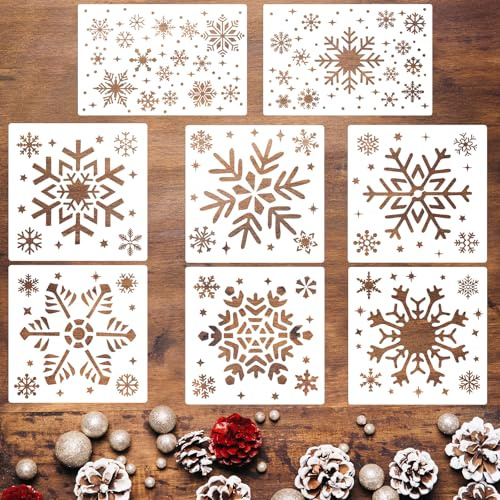 8 Stück Weihnachts Schneeflocken Schablonen,Wiederverwendbare Weihnachtsbasteln Schablone,Schneemann Schablonen zum Malen auf Holzwand Wohnkultur Wandschablone (Schneeflocke)