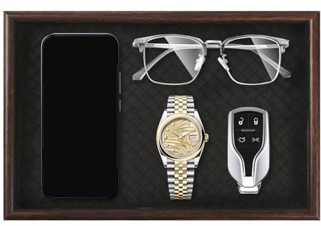 GREATRICH Svuotatasche Design Moderno, 30x20x3.5cm Vassoio Portaoggetti in Legno con Base in Pelle, Svuota Tasche da Ingresso e Portaoggetti Scrivania per Chiavi, Orologio, Organizer per Comodino