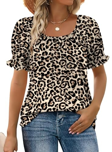 WIHOLL T Shirts for Women UK Leopard Print Ladies Summer Tops Short Sleeve Tee Shirts Square Neck Womens Blouses Size 10-12