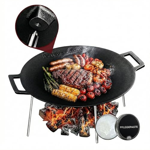 GUSSKÖNIG Gusseisen Grillplatte (Ø 42 cm) mit 3 Edelstahl-Beinen – Dutch Oven Grillplatte Rund – Dreibein Grill platte – Feuerschale – inkl. Pflegepaste – 30 Jahre Garantie