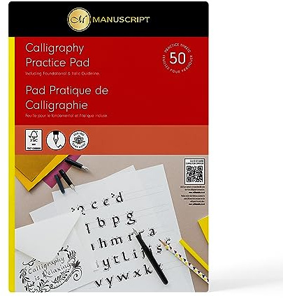 Manuscript Pen Company 270677MANUSCRIPT Calligraphy Practice Pad – 50 sheets – ideal for beginners – white paper, foundational hand, italic calligraphy guidelines 300mm x 211mm x 6mm