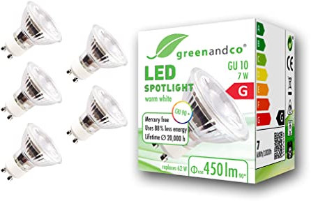 greenandco 5x GU10 LED Spot | 7W 450 lm | 3000K warmweiß | 36° | 230V | CRI 90+ | flimmerfrei | nicht dimmbar