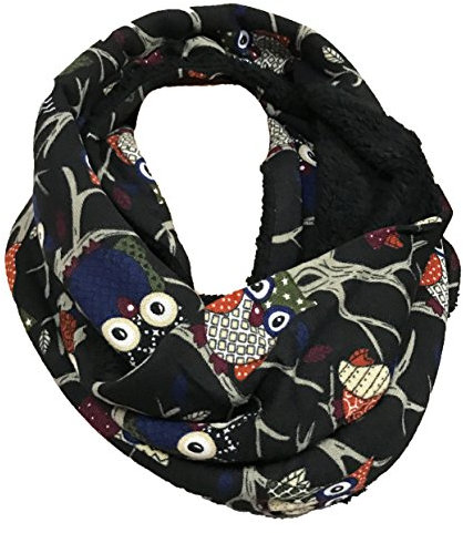 JameStyle26 EULE Flauschig Warmer Winter Loop Winter Schal Fleece Owl UHU Kautz Schlauchschal Rundschal Teddyfutter (Schwarz)