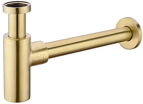 TRUSTMI Brass Bottle Trap Contemporary Round Adjustable Height Bathroom Basin Sink Waste P Trap Drain Kit, Large, Brushed Gold