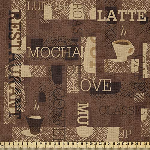 ABAKUHAUS Kaffee Stoff als Meterware, Cafeteria Typografie, Microfaser Multi Zweck Dekostoff für Kunsthandwerke, 3M (230x300cm), Beige Braun
