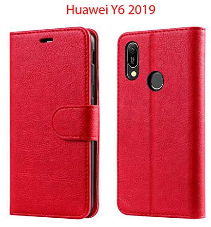 New&Teck Handyhülle Schutzhülle für Huawei Y6 2019, Leder, multifunktional, Magnetverschluss, stoßfest