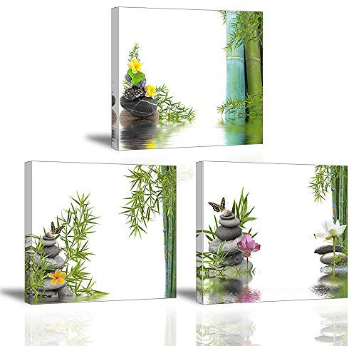 Piy Painting 3x Tableau de Zen sur Toile Spa Yoga Peinture en Bambou Vert et Belle Lotus Image Impression sur Toile Prêt Accrocher pour Salle de Bain Chambre Décor Mural Cadeau Fête Noël 30x30cm chez