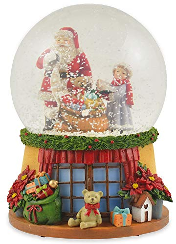 Riffelmacher Spieluhr Schneekugel Weihnachtsmann mit Geschenkesack und Teddy 72284 - Schneeflocken und Musik - 14x10cm - Wunderschöne Glaskugel mit Dekoration Weihnachten