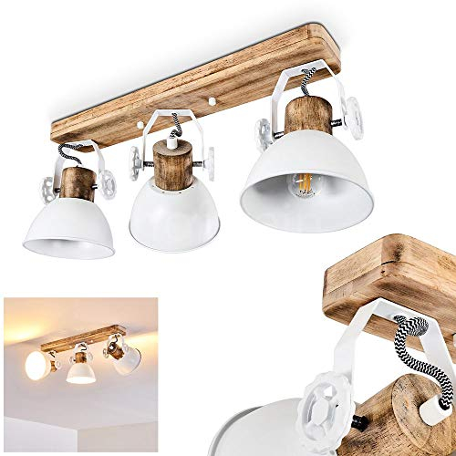 Deckenleuchte Orny, 3-flammig, mit verstellbaren Strahlern, Deckenlampe aus Metall/Holz in Weiß/Natur, 3 x E27-Fassung, Spot im Retro/Vintage Design, ohne Leuchtmittel