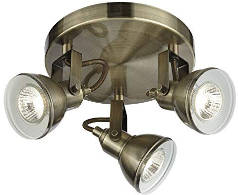 Britalia Antique Brass Vintage Retro 3 Lamp Round Plate Adjustable Spot Light | Requires 3 x GU10 Bulbs (Not Included) | Gloss White Inner Shades