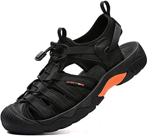 ZYLDK Sandales de Randonnée Homme Femme Cuir Fermées Été Extérieur Chaussures de Sport Plage Chaussures d'eau Plage Closed-Toe noir EU46