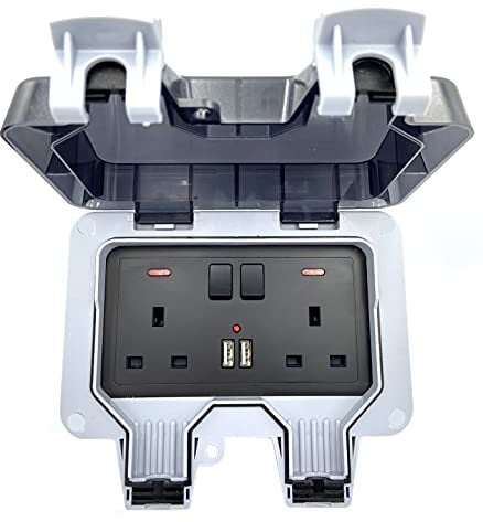 Standard UK Black Weatherproof Waterproof IP66 Outdoor BOX Wall Socket 13A Double Switched Outlet With USB Charging Port
